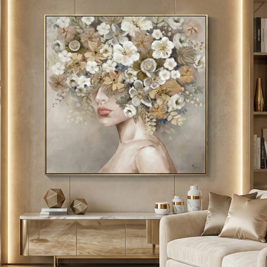Quadro donna floreale 100x100 decorato materico cornice oro
