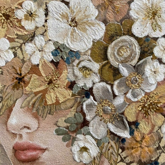 Quadro donna floreale 100x100 decorato materico cornice oro