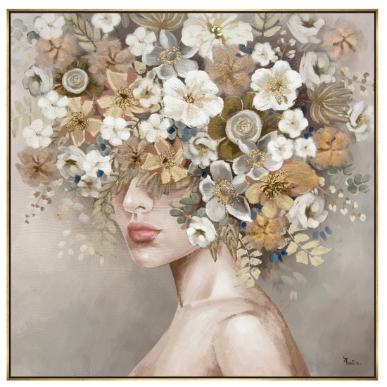 Quadro donna floreale 100x100 decorato materico cornice oro