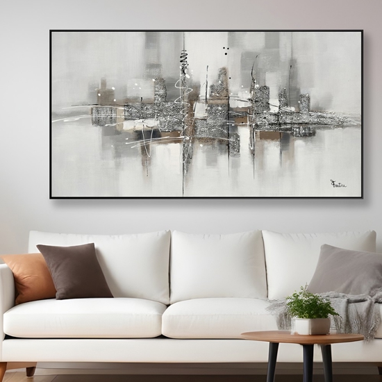Quadro astratto silver materico moderno con cornice 150x80