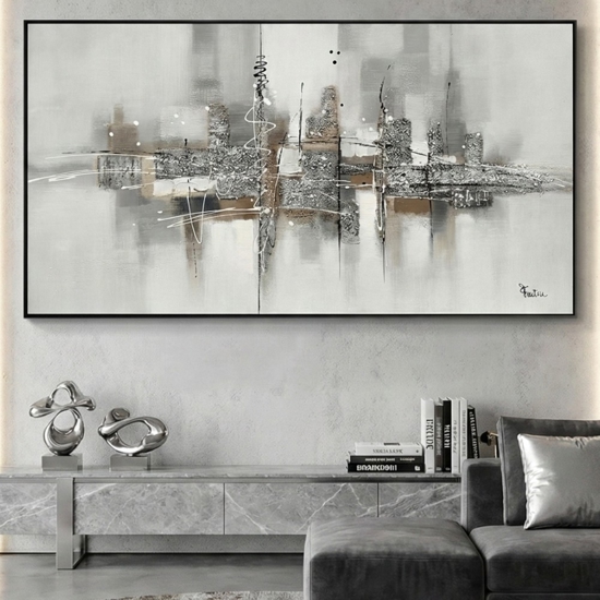 Quadro astratto silver materico moderno con cornice 150x80