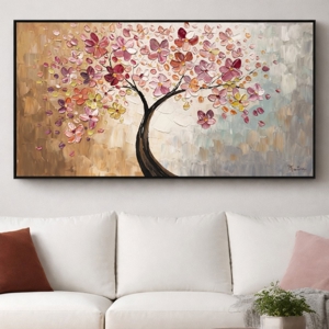 Quadro albero in fiore dipinto 140x70 su tela a mano con cornice