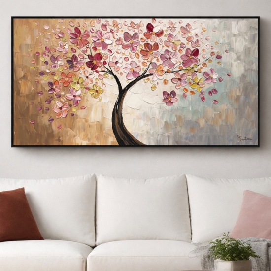 Quadro albero in fiore dipinto 140x70 su tela a mano con cornice