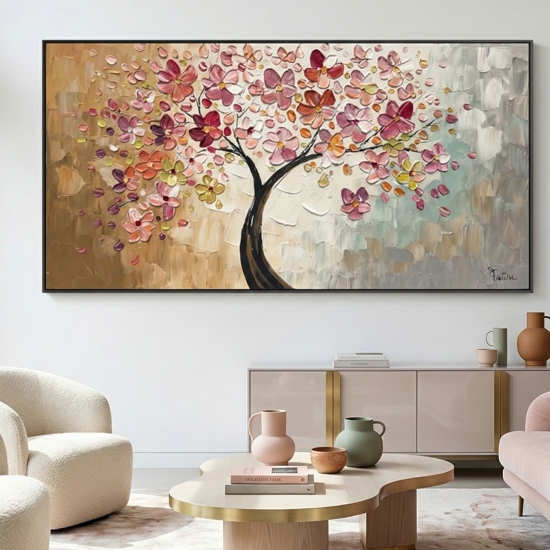 Quadro albero in fiore dipinto 140x70 su tela a mano con cornice