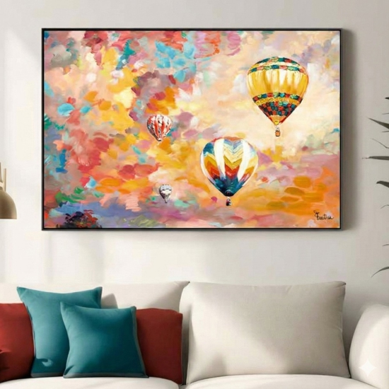 Quadro mongolfiere al tramonto dipinto a mano con cornice 120x80