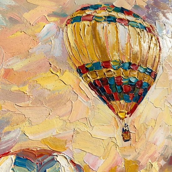 Quadro mongolfiere al tramonto dipinto a mano con cornice 120x80