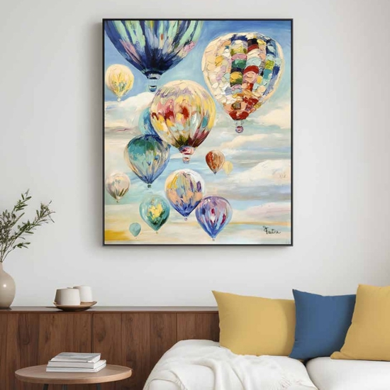 Quadro moderno mongolfiere in volo dipinto su tela 100x120