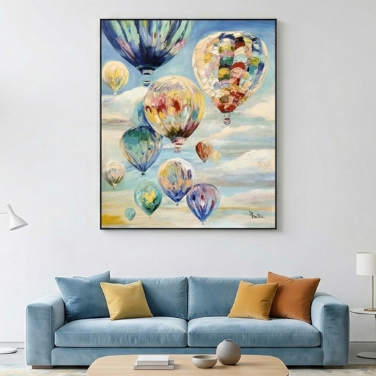 Quadro moderno mongolfiere in volo dipinto su tela 100x120
