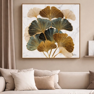 Quadro moderno foglie di ginkgo tela dipinta con cornice 100x100