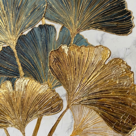 Quadro moderno foglie di ginkgo tela dipinta con cornice 100x100