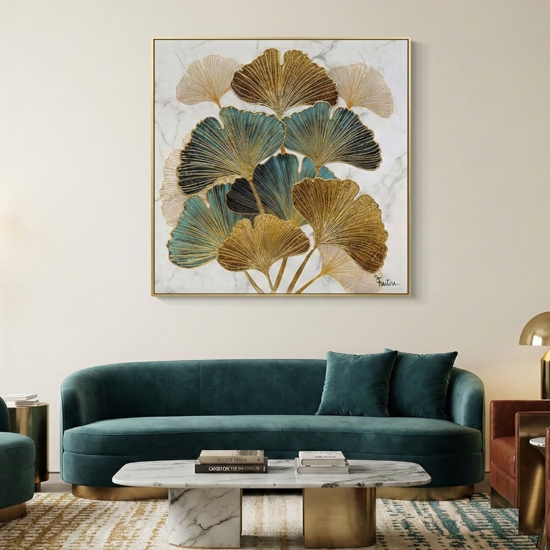 Quadro moderno foglie di ginkgo tela dipinta con cornice 100x100