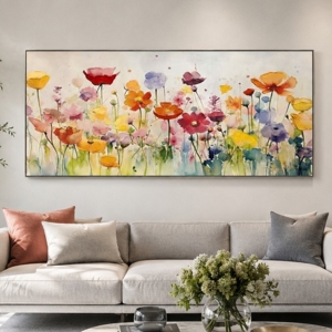 Quadro fiori di campo moderno 150x70 tela dipinta cornice in legno