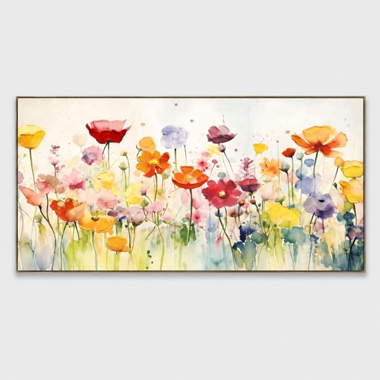 Quadro fiori di campo moderno 150x70 tela dipinta cornice in legno