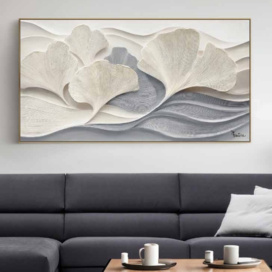 Quadro moderno onde di ginkgo  tela dipinta con cornice 150x80