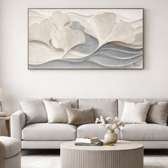 Quadro moderno onde di ginkgo  tela dipinta con cornice 150x80