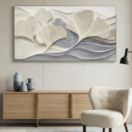 Quadro moderno onde di ginkgo  tela dipinta con cornice 150x80