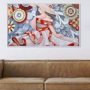 Quadro 122x72 donna italiana dipinto su tela cornice bianca