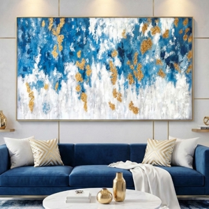 Quadro astratto moderno 122x72 azzurro bianco oro per soggiorno
