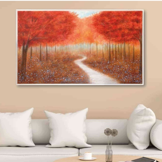 Quadro moderno paesaggio alberato 122x72 rosso cornice legno