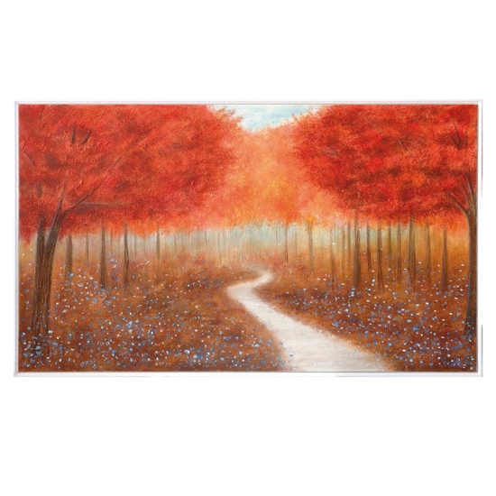 Quadro moderno paesaggio alberato 122x72 rosso cornice legno