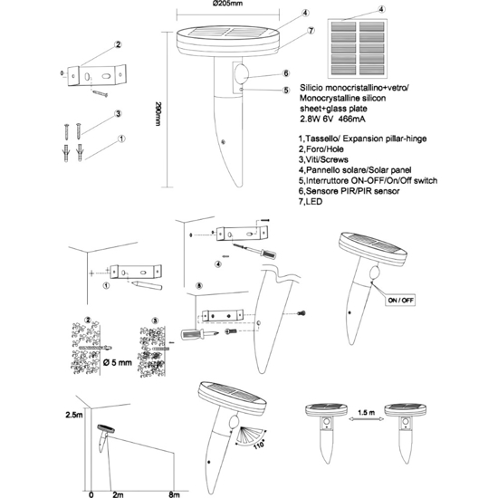 Applique esterno con pannello solare led 3,3w 6000k