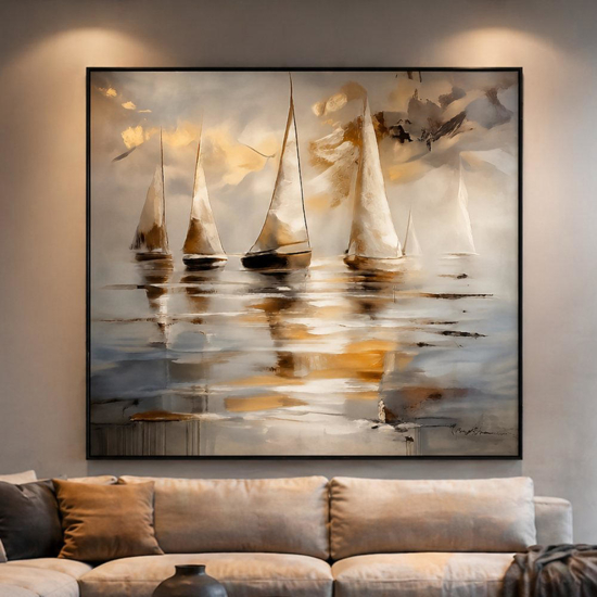 Quadro dipinto moderno vele dorate cornice nera 100x100