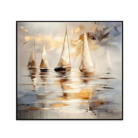 Quadro dipinto moderno vele dorate cornice nera 100x100