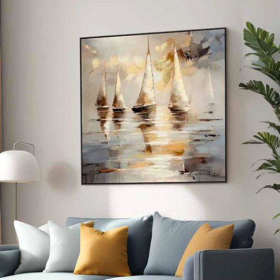 Quadro dipinto moderno vele dorate cornice nera 100x100