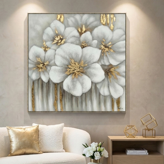 Quadro floreale bianco grigio oro materico con cornice 100x100