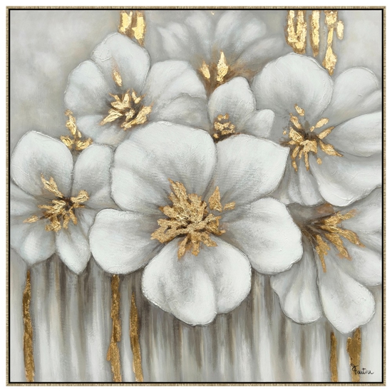 Quadro floreale bianco grigio oro materico con cornice 100x100