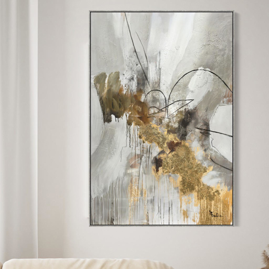 Quadro astratto 80x120 cm grigio e oro cornice grigia