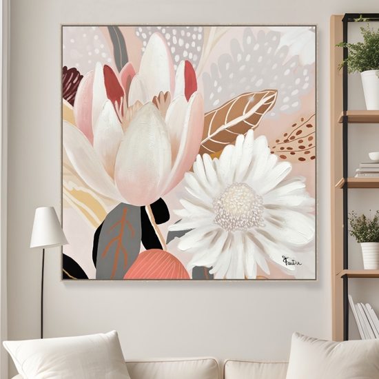 Quadro floreale materico moderno con cornice 100x100 per soggiorno