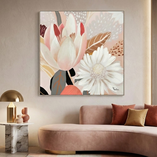Quadro floreale materico moderno con cornice 100x100 per soggiorno