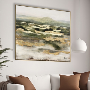 Quadro astratto materico 100x100 moderno verde oro con cornice