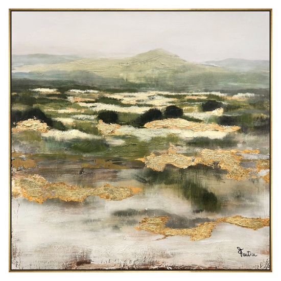 Quadro astratto materico 100x100 moderno verde oro con cornice