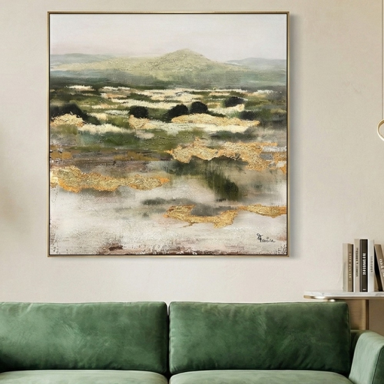 Quadro astratto materico 100x100 moderno verde oro con cornice
