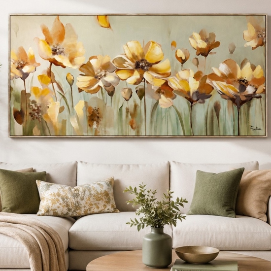 Quadro floreale 140x70 fiori di campo gialli cornice oro