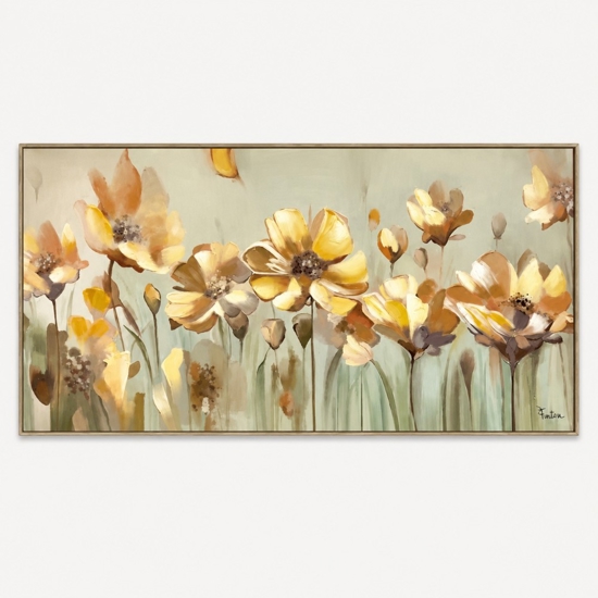 Quadro floreale 140x70 fiori di campo gialli cornice oro
