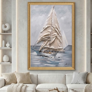 Quadro barca a vela a rilievo cornice oro 68x98