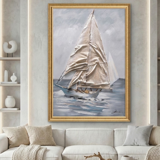 Quadro barca a vela a rilievo cornice oro 68x98