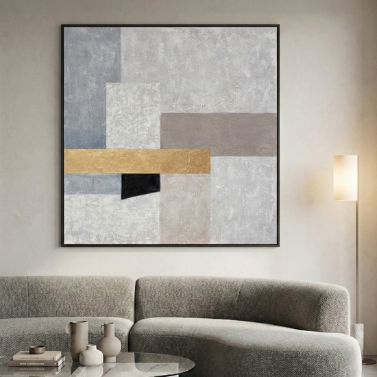 Quadro astratto quadrato 100x100 cm cornice nera dipinto a mano