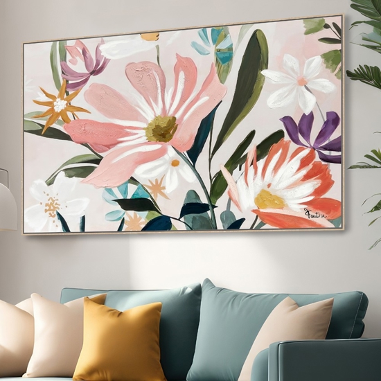 Quadro floreale moderno materico multicolore 120x80 con cornice