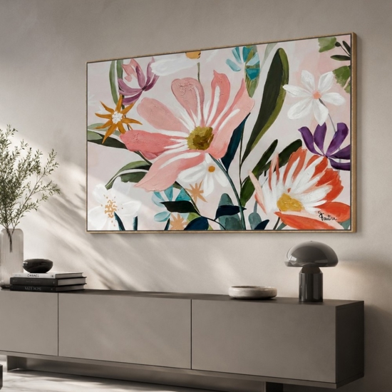 Quadro floreale moderno materico multicolore 120x80 con cornice