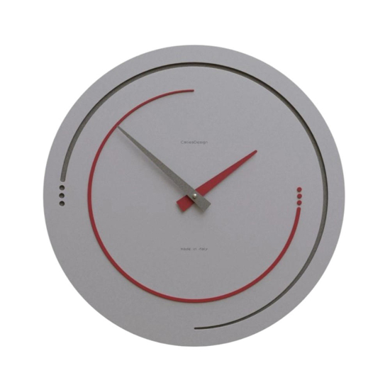 Orologio rotondo da parete in legno grigio dettagli rosso