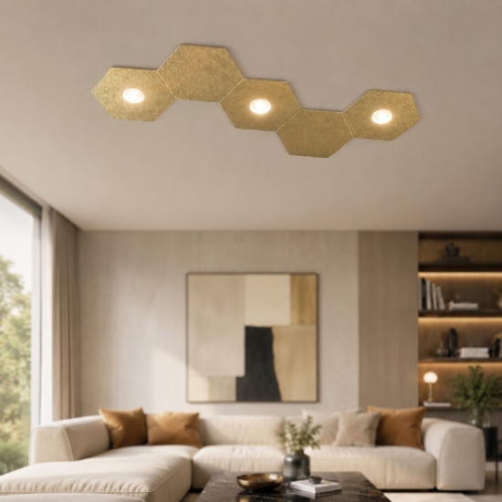 Plafoniera foglia oro 3 luci led + 2 piastre metallo top light hexagon