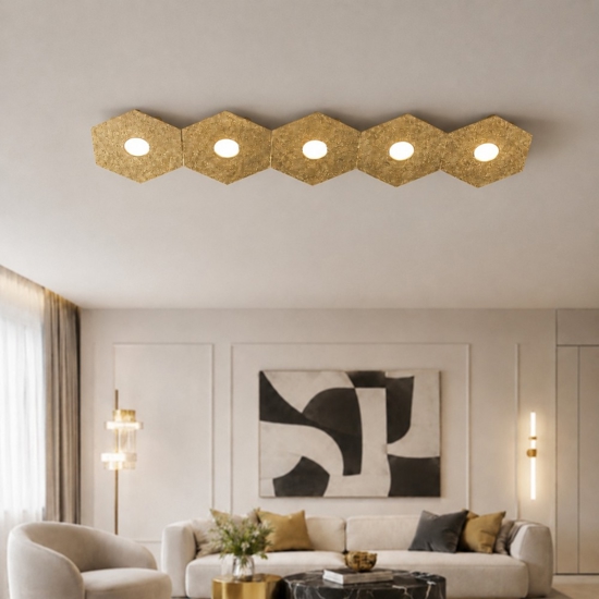 Plafoniera da cucina moderna top light hexagon 5 luci foglia oro rettangolare