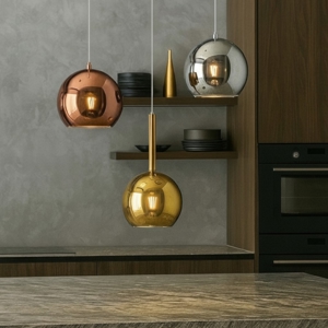 Lampadario per cucina 3 sfere vetri rame cromo oro