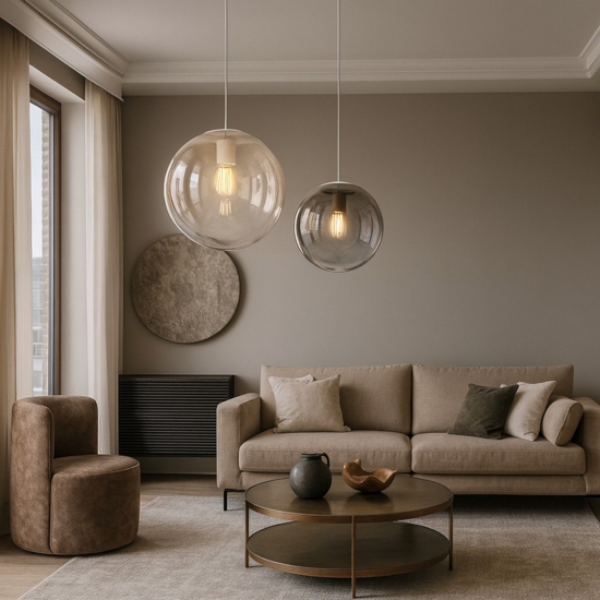Lampadario toplight 2 sfere di vetro ambra bronzo per soggiorno