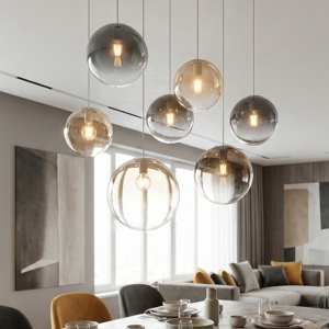 Lampadario moderno sfere di vetro ambra fume sospese per tavolo soggiorno