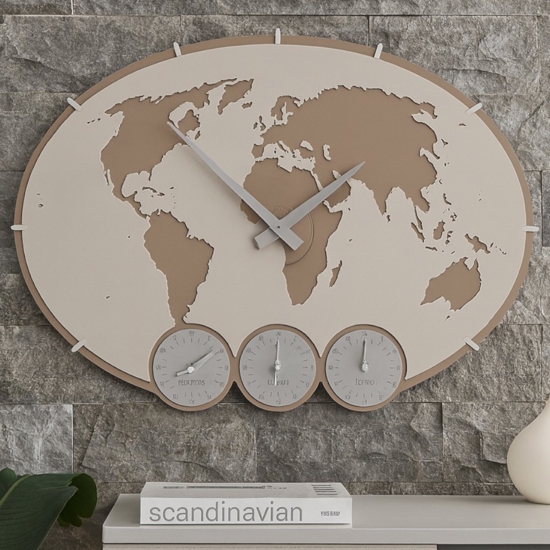 Orologio da parete greenwich planisfero fusi orari legno  colore lino